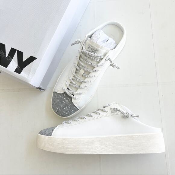 New DKNY Garren Sneaker Slip-On Mule Shoes Women’s SIZE 8.5 White Silver Glitter - Picture 2 of 11